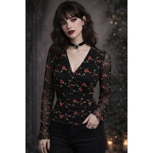 Vintage Y2K Mesh Floral Top M Black Sheer Red Rose Lettuce Hem Whimsigoth Grunge
